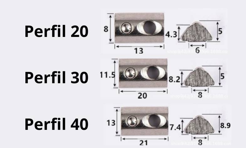 dimensiones Tuerca Deslizable con Resorte para Perfiles de Aluminio 2020, 3030 y 4040
